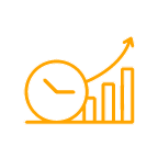 Graph icon with arrow going up and a clock, representing real-time reporting
