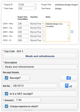 Timemaster screenshot, showing time and expenses being entered